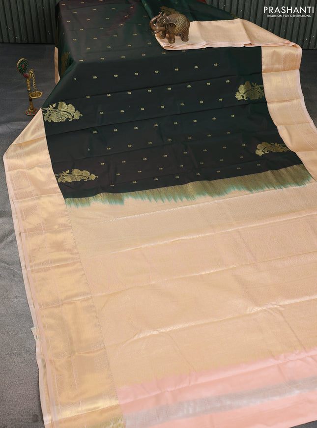 Bangalori silk saree bottle green and sandal with zari woven buttas and zari woven border