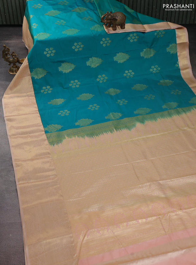 Bangalori silk saree teal green and sandal with zari woven buttas and zari woven border