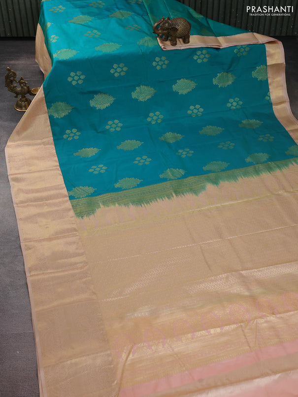 Bangalori silk saree teal green and sandal with zari woven buttas and zari woven border