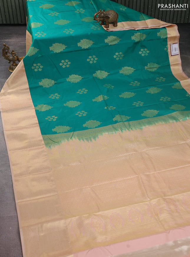 Bangalori silk saree green and sandal with zari woven buttas and zari woven border