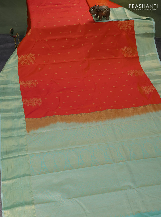 Bangalori silk saree sunset orange and teal green shade with zari woven buttas and zari woven border