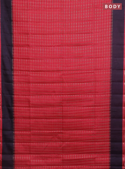 Semi tussar saree red and jamun shade with allover zari checked pattern and rettapet zari woven border