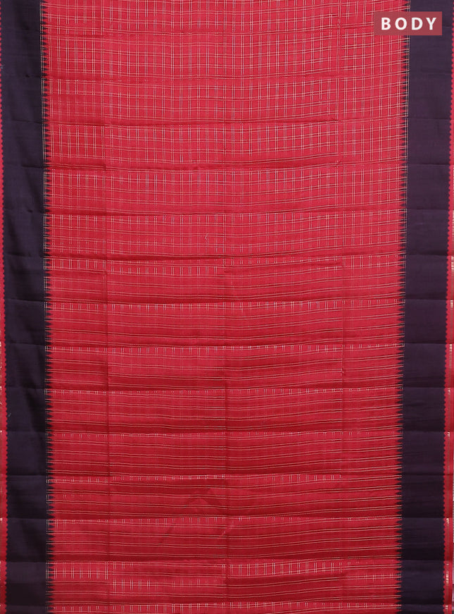 Semi tussar saree red and jamun shade with allover zari checked pattern and rettapet zari woven border