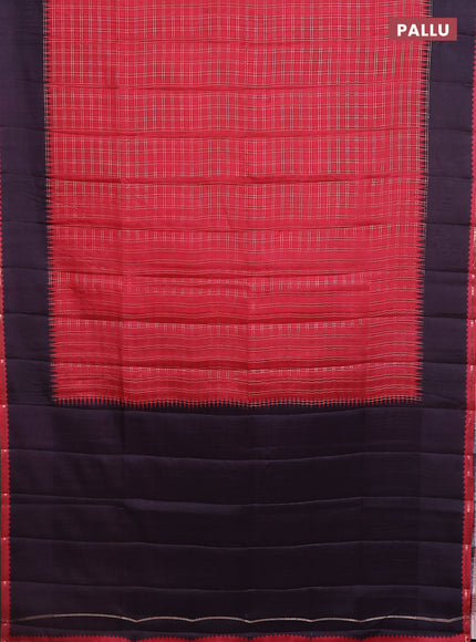 Semi tussar saree red and jamun shade with allover zari checked pattern and rettapet zari woven border