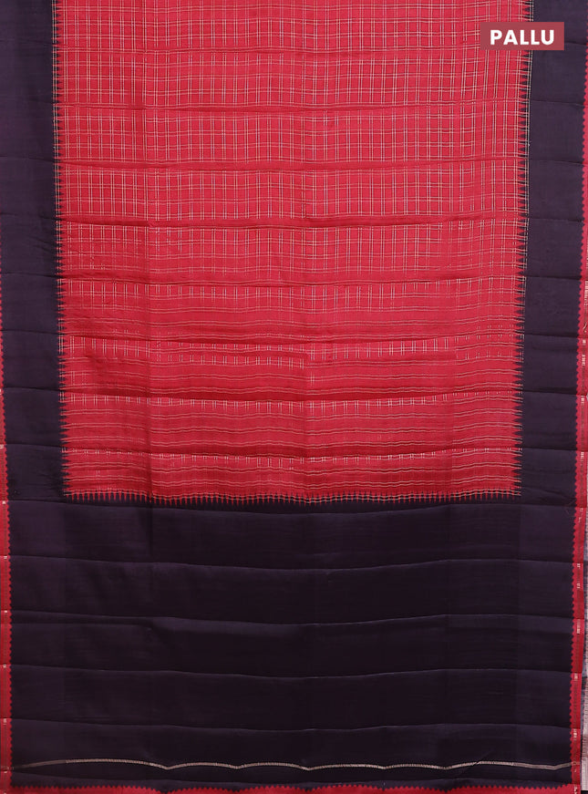 Semi tussar saree red and jamun shade with allover zari checked pattern and rettapet zari woven border