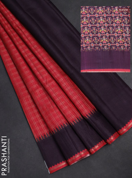 Semi tussar saree red and jamun shade with allover zari checked pattern and rettapet zari woven border