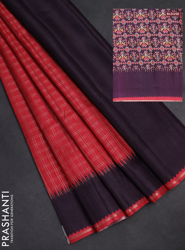 Semi tussar saree red and jamun shade with allover zari checked pattern and rettapet zari woven border