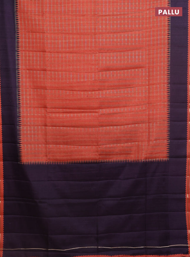 Semi tussar saree orange and deep wine shade with allover zari checked pattern and rettapet zari woven border