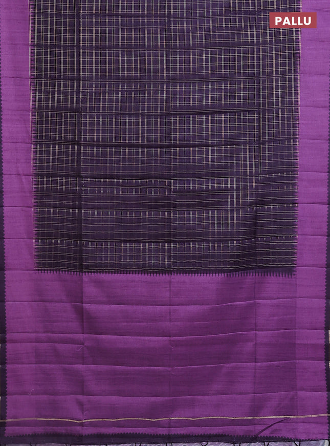 Semi tussar saree jamun shade and purple with allover zari checked pattern and rettapet zari woven border