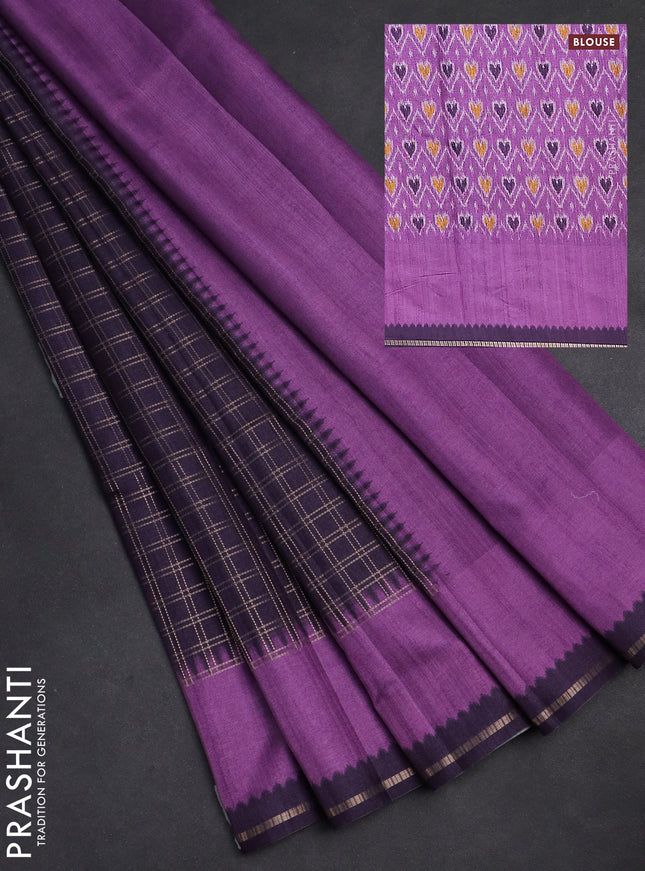 Semi tussar saree jamun shade and purple with allover zari checked pattern and rettapet zari woven border