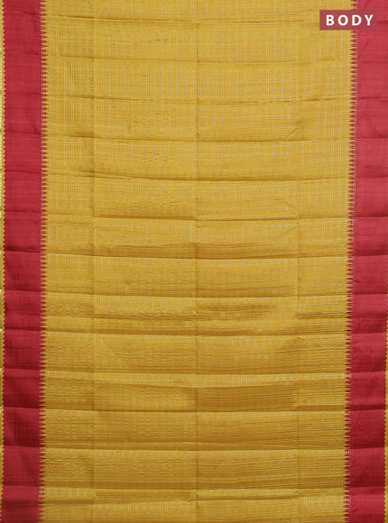 Semi tussar saree mustard yellow and maroon with allover zari checked pattern and rettapet zari woven border