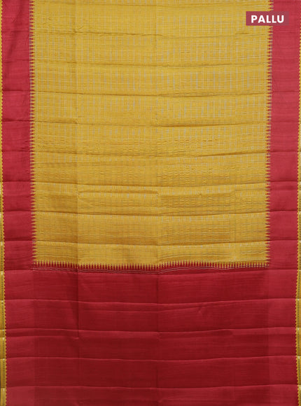 Semi tussar saree mustard yellow and maroon with allover zari checked pattern and rettapet zari woven border