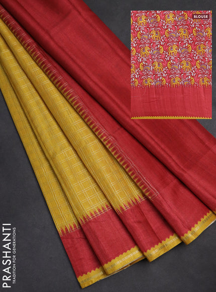Semi tussar saree mustard yellow and maroon with allover zari checked pattern and rettapet zari woven border