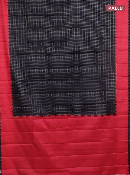 Semi tussar saree black and red with allover zari checked pattern and rettapet zari woven border