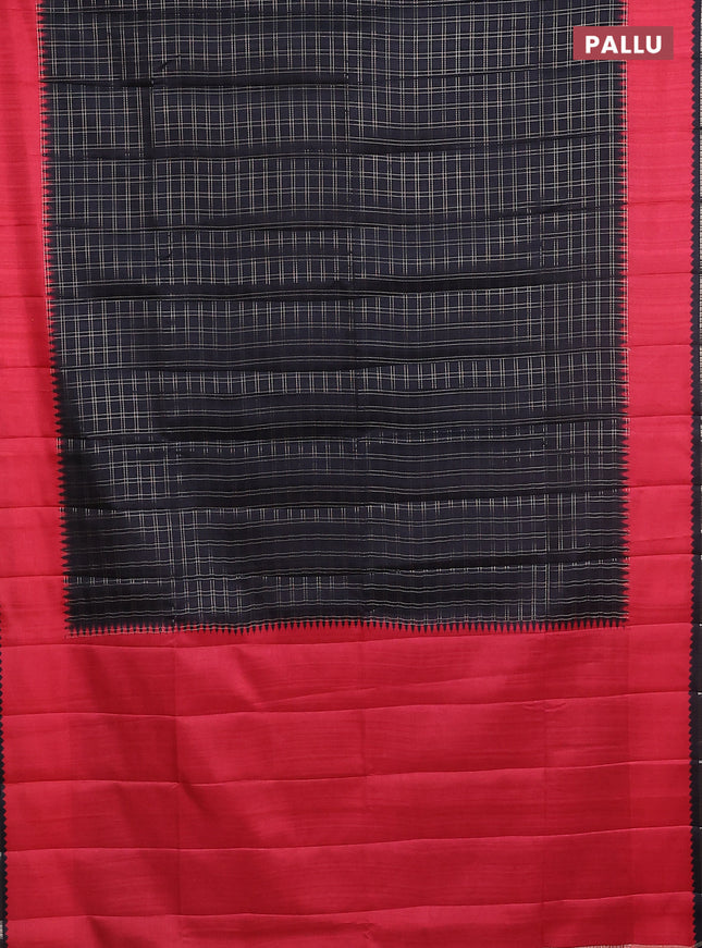 Semi tussar saree black and red with allover zari checked pattern and rettapet zari woven border