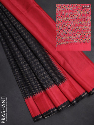Semi tussar saree black and red with allover zari checked pattern and rettapet zari woven border