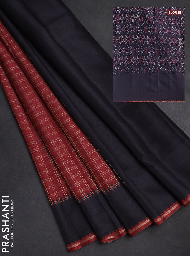 Semi tussar saree maroon and black with allover zari checked pattern and rettapet zari woven border