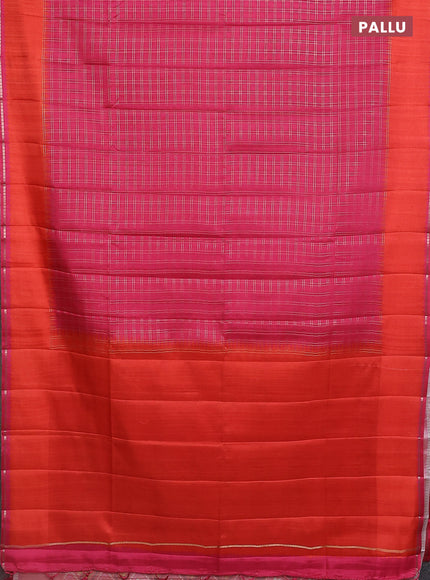 Semi tussar saree pink and orange with allover zari checked pattern and rettapet zari woven border