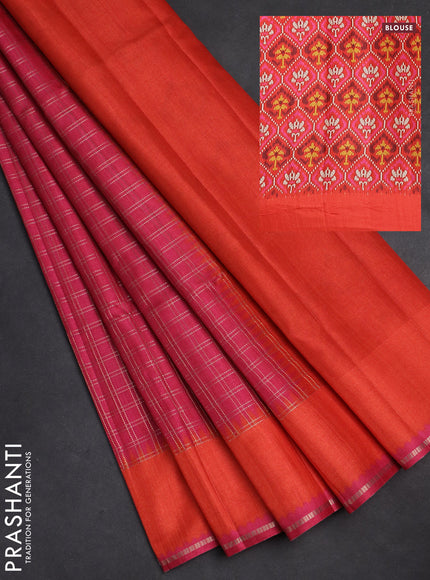 Semi tussar saree pink and orange with allover zari checked pattern and rettapet zari woven border