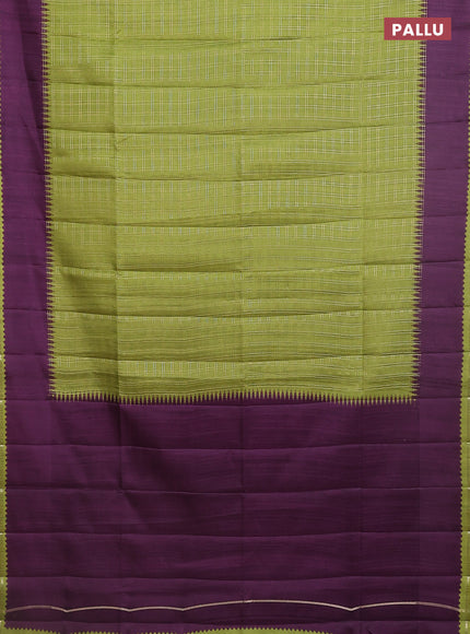 Semi tussar saree light green and deep purple with allover zari checked pattern and rettapet zari woven border