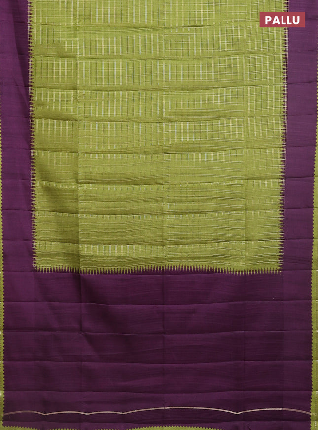 Semi tussar saree light green and deep purple with allover zari checked pattern and rettapet zari woven border