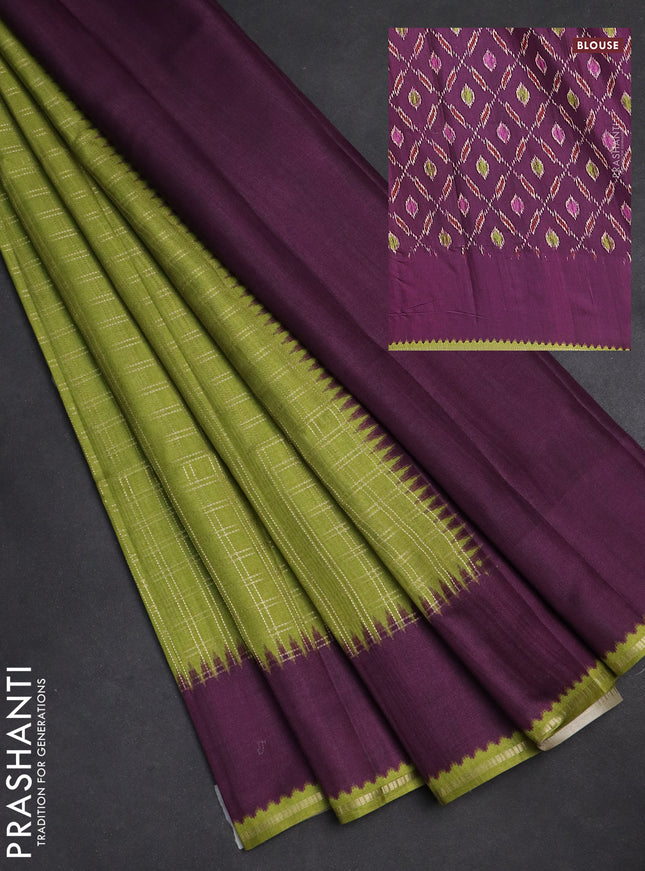 Semi tussar saree light green and deep purple with allover zari checked pattern and rettapet zari woven border