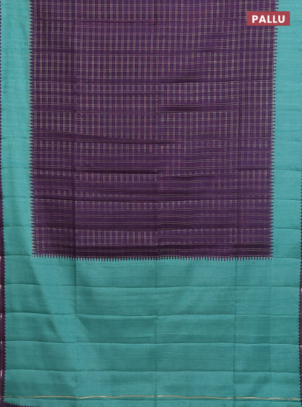 Semi tussar saree jamun shade and teal green with allover zari checked pattern and rettapet zari woven border