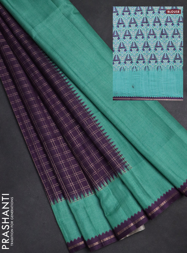 Semi tussar saree jamun shade and teal green with allover zari checked pattern and rettapet zari woven border