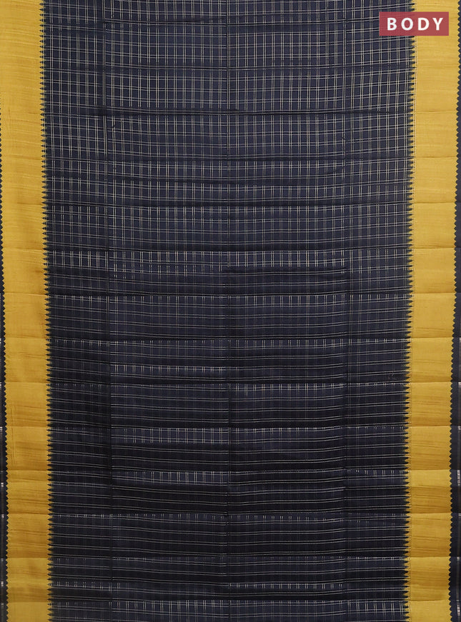 Semi tussar saree black and mustard yellow with allover zari checked pattern and rettapet zari woven border