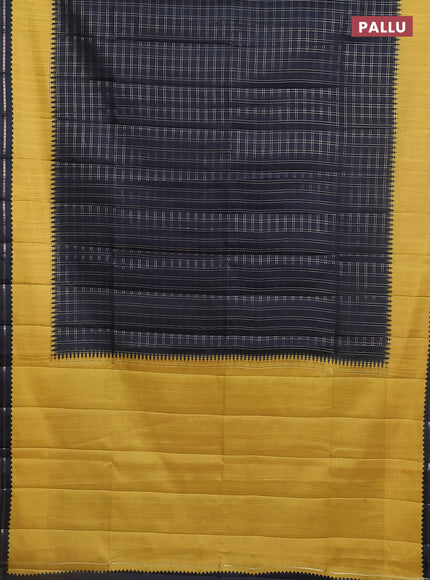 Semi tussar saree black and mustard yellow with allover zari checked pattern and rettapet zari woven border