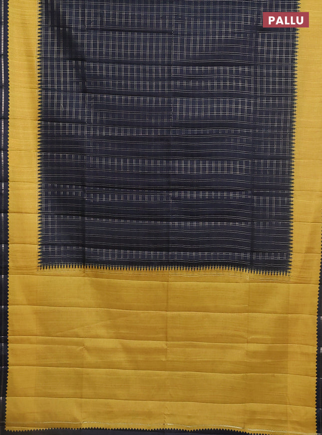 Semi tussar saree black and mustard yellow with allover zari checked pattern and rettapet zari woven border