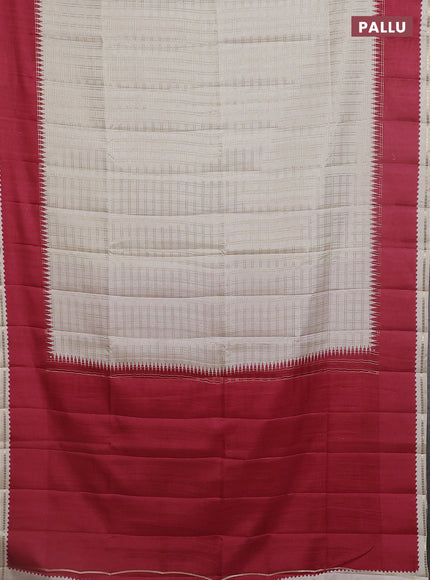 Semi tussar saree cream and red with allover zari checked pattern and rettapet zari woven border