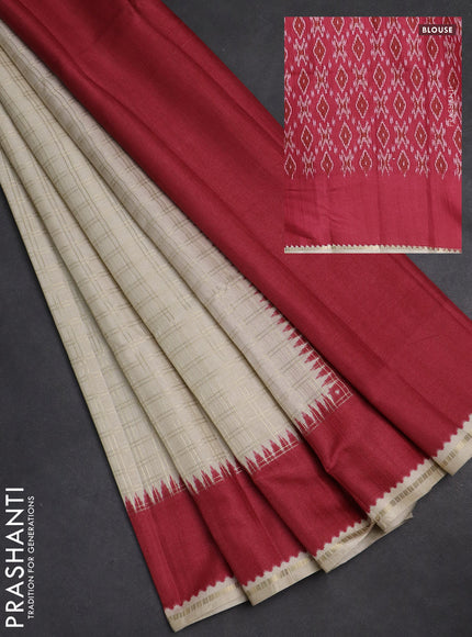 Semi tussar saree cream and red with allover zari checked pattern and rettapet zari woven border