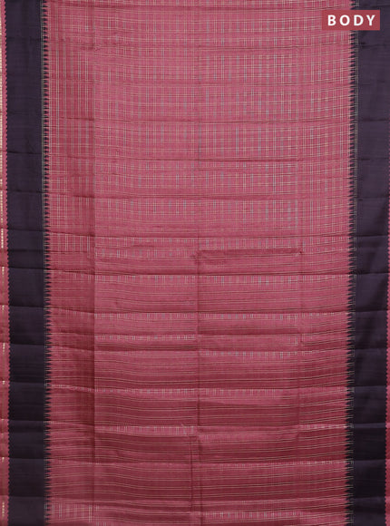 Semi tussar saree pastel brown and deep jamun with allover zari checked pattern and rettapet zari woven border
