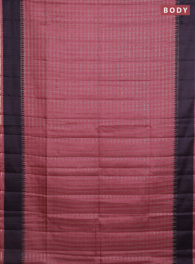 Semi tussar saree pastel brown and deep jamun with allover zari checked pattern and rettapet zari woven border