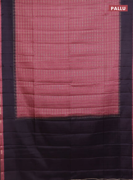 Semi tussar saree pastel brown and deep jamun with allover zari checked pattern and rettapet zari woven border