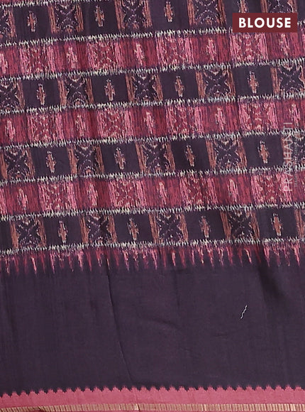 Semi tussar saree pastel brown and deep jamun with allover zari checked pattern and rettapet zari woven border