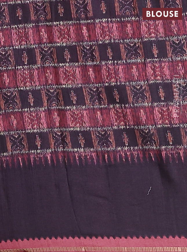 Semi tussar saree pastel brown and deep jamun with allover zari checked pattern and rettapet zari woven border