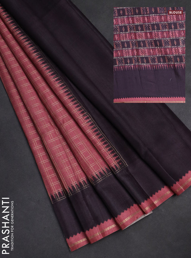 Semi tussar saree pastel brown and deep jamun with allover zari checked pattern and rettapet zari woven border