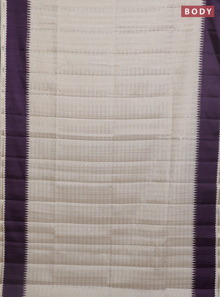 Semi tussar saree off white and jamun shade with allover zari checked pattern and rettapet zari woven border