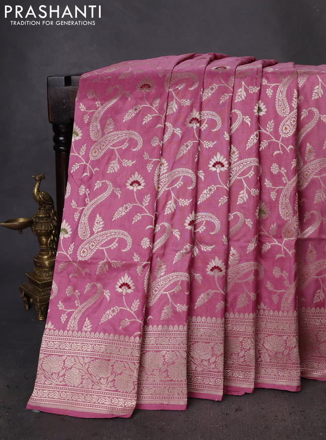 Banarasi uppada silk saree pastel pink with allover zari woven brocade weaves and zari woven border
