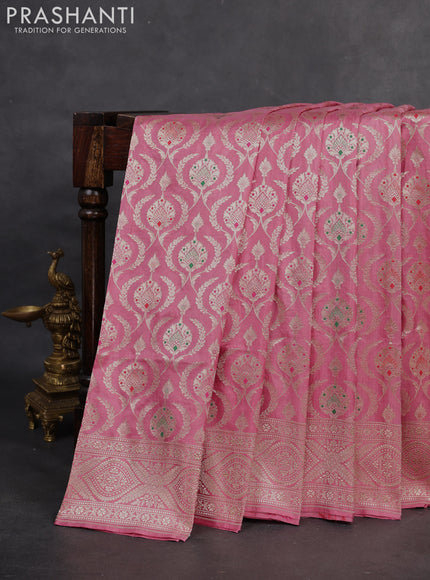 Banarasi uppada silk saree pastel pink with allover zari woven brocade weaves and zari woven border