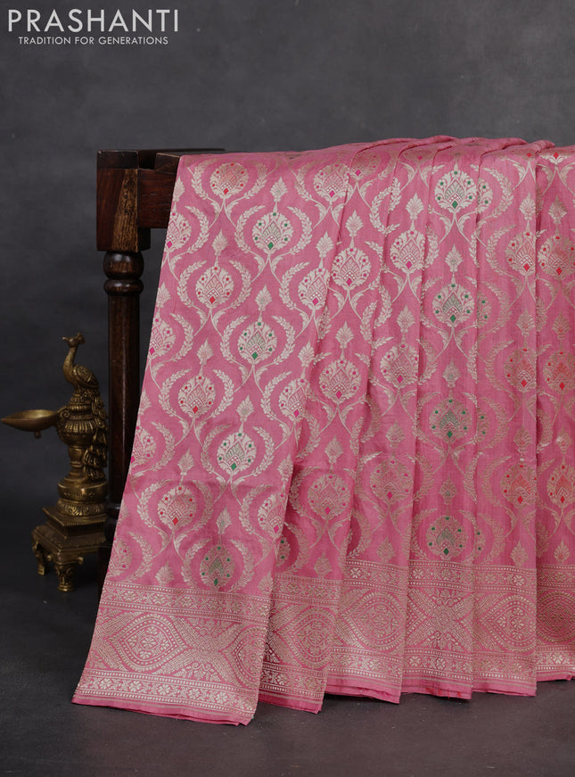 Banarasi uppada silk saree pastel pink with allover zari woven brocade weaves and zari woven border