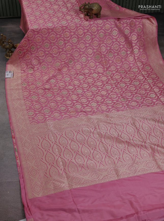 Banarasi uppada silk saree pastel pink with allover zari woven brocade weaves and zari woven border