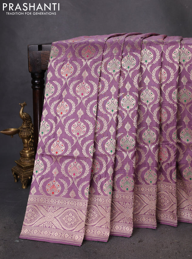 Banarasi uppada silk saree pastel lavender with allover zari woven brocade weaves and zari woven border