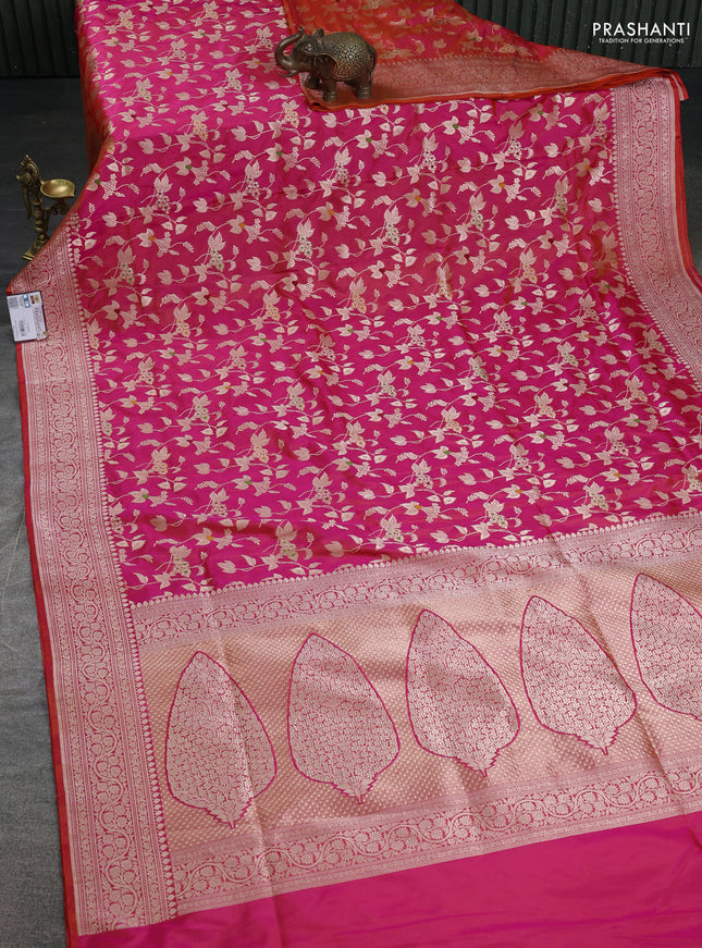 Banarasi uppada silk saree dual shade of pinkish orange with allover zari woven brocade weaves and zari woven border