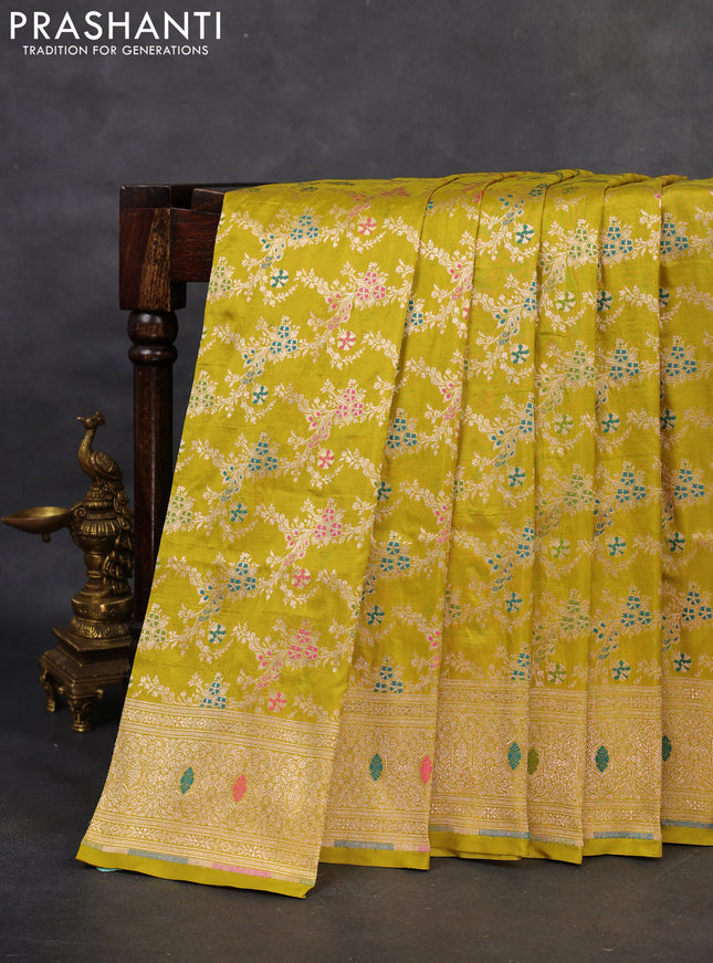 Banarasi uppada silk saree lime green with allover zari woven mina weaves and zari woven border