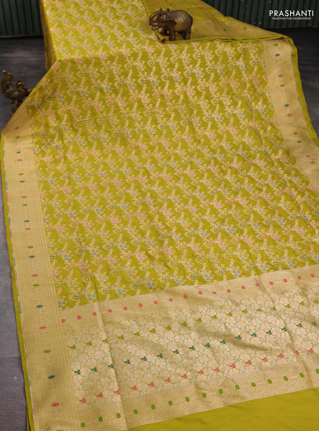 Banarasi uppada silk saree lime green with allover zari woven mina weaves and zari woven border