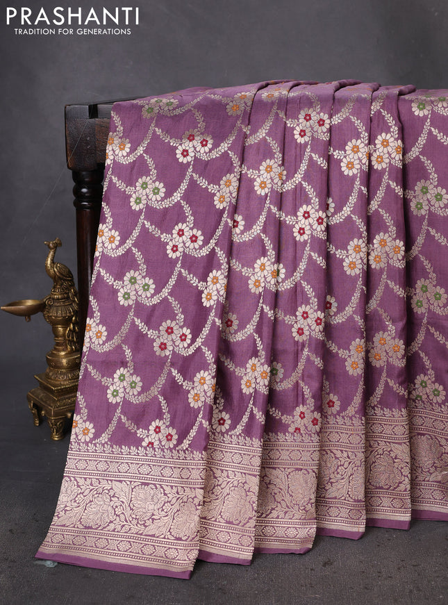 Banarasi uppada silk saree pastel lavender with allover zari woven brocade weaves and zari woven border