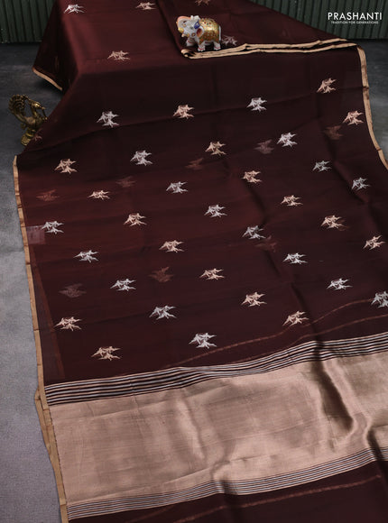 Banarasi organza silk saree coffee brown with silver & gold zari woven buttas and zari woven piping border